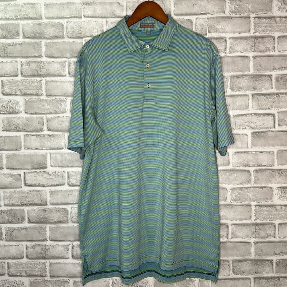 Peter Millar summer comfort polo. Light blue and green striped. Size large